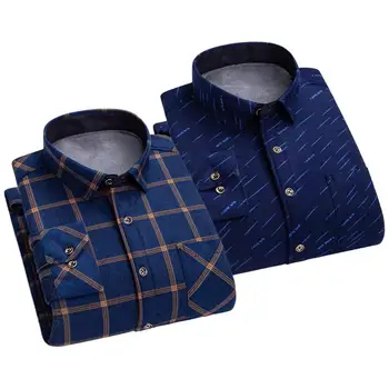 Утепленная мужская флисовая рубашка с клетчатым принтом, мужская рубашка-кардиган с отложным воротником, повседневный топ средней длины с длинным рукавом на осень