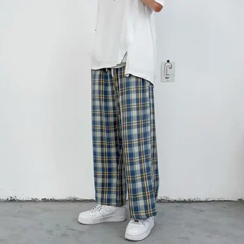 Летние мужские брюки, повседневные Прямые брюки в клетку с эластичной резинкой на талии, Модная уличная одежда, Корейский стиль, мужские/Женские брюки в стиле харадзюку в стиле хип-хоп