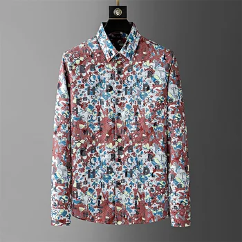 Мужская рубашка с осенним цветочным рисунком бренда 2023, высококачественная повседневная рубашка с длинными рукавами, приталенная рубашка для светской деловой вечеринки, смокинг, рубашки