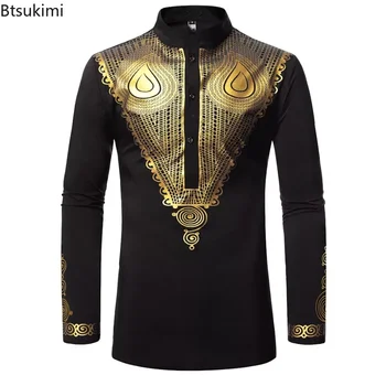 Новая мужская рубашка в африканском стиле с длинным рукавом, рубашка-стойка с металлическим золотым принтом, Традиционные этнические фестивальные Свадебные рубашки Дашики