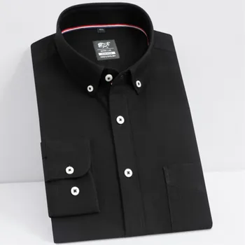 Хлопчатобумажные мужские Оксфордские повседневные черные рубашки с длинным рукавом, накладной нагрудный карман, воротник на пуговицах, Плотная рабочая деловая рубашка