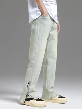 Выстиранные старые джинсы с внешней застежкой-молнией, эластичные брюки с прямыми штанинами