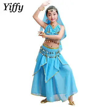 Детское платье для выступлений с индийскими танцами из 3 предметов, топы с пайетками + юбка + модный шарф, комплект костюмов для танца живота для девочек