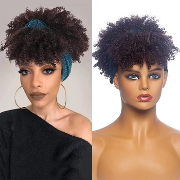 Короткие Кудрявые парики-повязки на голову для чернокожих женщин, афро-Натуральный Кудрявый пушистый парик с завязками, коричневый Мягкий синтетический парик для косплея