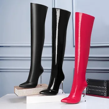 Сексуальные женские сапоги до бедра на металлических шпильках на сверхвысоком каблуке, красные, черные ботфорты выше колена, сценические ботинки для танцев на стальных трубах
