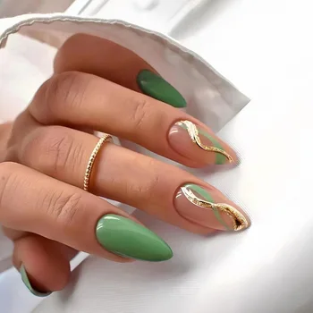 24шт Зеленая золотая линия Короткие круглые миндальные накладные ногти в форме гроба с клеевым покрытием, искусственные накладные ногти с полным покрытием, нажимаются