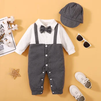 Комплект из 2 предметов для новорожденного мальчика 3-24 месяцев, боди с длинным рукавом и галстуком-бабочкой для маленького джентльмена + шляпа, Красивый стиль, подарок на день рождения для маленьких мальчиков
